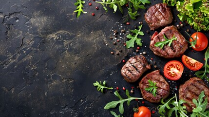 Grilled Steak with Arugula and Tomatoes on Black Slate