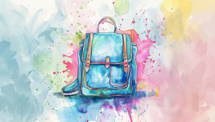 Wall Mural - A watercolor painting of a blue backpack with a brown strap