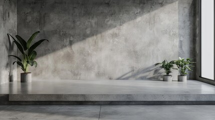 Wall Mural - A spacious concrete-walled room with minimalistic design elements, featuring large tropical plants and natural light streaming in from a window.