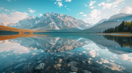 A beautiful mountain lake with a reflection of the mountains in the water