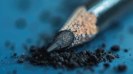 Wall Mural - Macro photograph of black pencil lead on blue background with reflective light showing graphite and clay composition