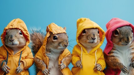 Creative animal concept. squirrel in a group, vibrant bright fashionable outfits isolated on solid background advertisement, copy text space