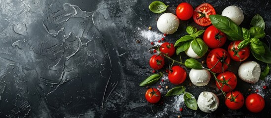 Wall Mural - Summery Italian Caprese Salad Featuring Fresh Tomatoes, Mozzarella, and Basil on a Dark Background