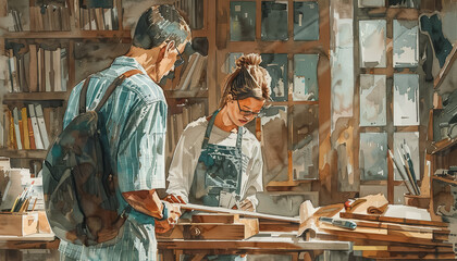 Wall Mural - A man and a woman are working together in a wood shop