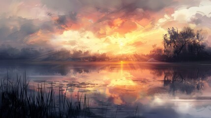 A painting of a lake with a sunset in the background