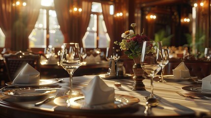 A beautiful restaurant setting featuring a table with elegant tableware and fresh flowers, illuminated by soft, warm light creating an intimate atmosphere.