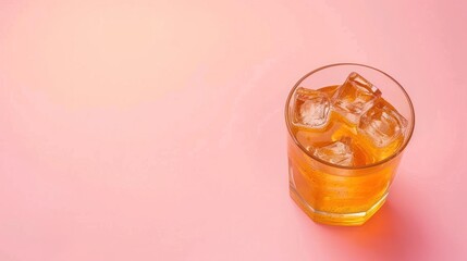 Wall Mural - Glass of Orange Soda with Ice on a Pink Background