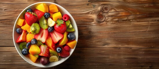 Wall Mural - Fresh Fruit Salad in a Bowl on Wooden Surface from Above.