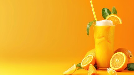 Wall Mural - Glass of Orange Juice with Fresh Oranges on a Yellow Background