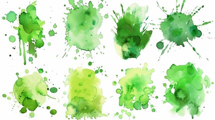 Sticker - A collection of green watercolor splatter art on a white background, beautifully displaying various shapes and intensities of the artistic splashes.