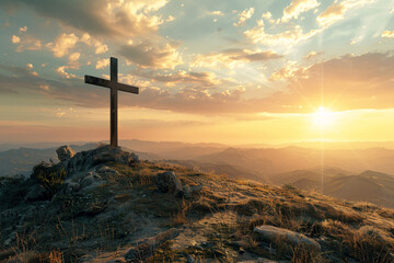 Wall Mural - a cross on a barren hill with sunset view