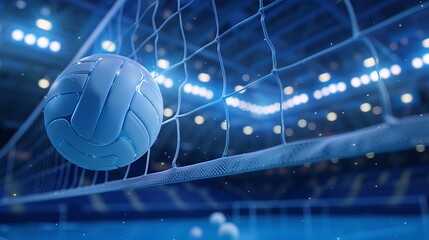 This image captures a volleyball mid-air as it hits the net during a match inside a well-lit indoor sports arena.