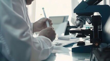 Wall Mural - scientist conducting research using a microscope in a modern laboratory setting