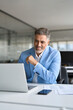 © insta_photos - Busy happy middle aged professional man executive business investor ceo using computer working with online finances sitting at desk. Older mature bank manager looking at laptop in office. Vertical.