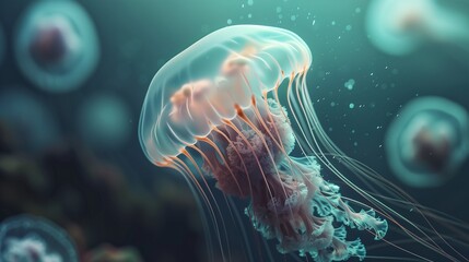 Wall Mural - Close-up of a shimmering jellyfish drifting lazily in the current, its translucent body pulsating with a gentle glow.