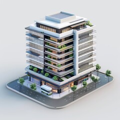 Canvas Print - This is a 3D rendered image of a modern apartment building featuring multiple balconies and greenery, illustrating contemporary urban architecture.