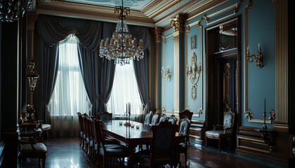 Wall Mural - A large room with a long dining table and many chairs