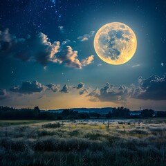 A beautiful landscape with a large moon in the night sky