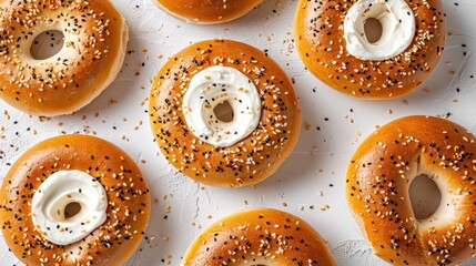 Sticker - A row of bagels with sesame seeds and cream cheese on top. The bagels are arranged in a neat row on a white surface