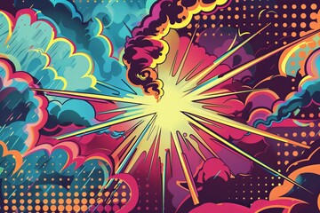 This pop art style image showcases an explosive burst in the center with colorful clouds and dynamic lines radiating outwards, creating a vivid visual impact.