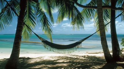 Wall Mural - A serene tropical setting featuring a hammock strung between palm trees on a sandy beach, with turquoise waters stretching out in the background.