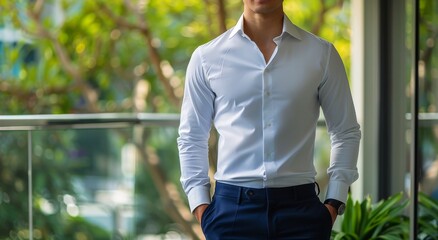 Man Wearing a White Dress Shirt and Blue Pants on a Balcony