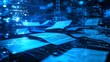 © qorqudlu - Digital documents float in a luminous blue cyber space background, featuring dynamic streams of flowing data and electronic components.