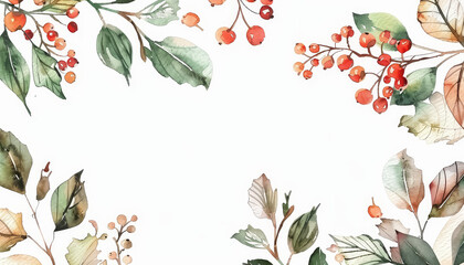 Wall Mural - A watercolor painting of a leafy green bush with red berries