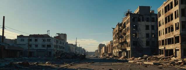 Wall Mural - Dystopian city, dilapidated buildings, debris-strewn streets, under sunny blue sky.