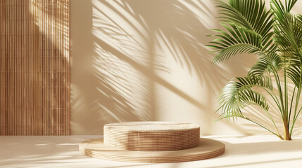 Wall Mural - Natural wood podium with sunlight and shadows