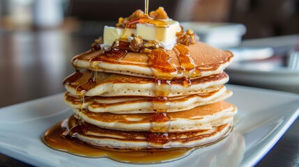Poster - Delicious pancakes stacked high with maple syrup and butter, a popular American breakfast treat.