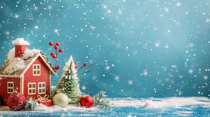 Wall Mural - Christmas house with a snow-covered roof around christmas ball, tree and gift box on high glossy blue background. snowflakes flying around, christmas greeting  copy space for text 