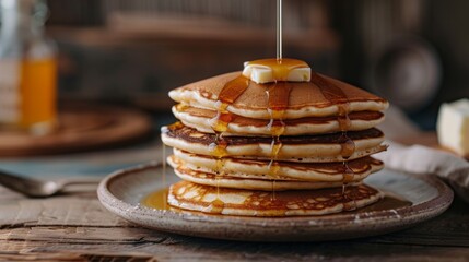 Poster - Delicious pancakes stacked high with maple syrup and butter, a popular American breakfast treat.