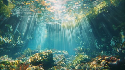 Wall Mural - Snorkeler's perspective of a cascading underwater waterfall illusion, created by light refracting through clear, shallow waters.