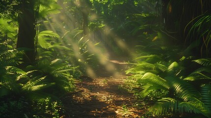 Wall Mural - Sunlight filtering through dense ferns, creating a dappled pattern of light and shadow on a forest path.