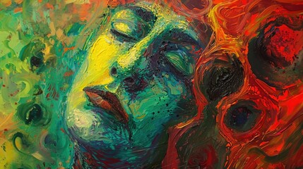 Wall Mural - Artistic expressionist depiction of a woman suffering from pain, with vibrant abstract colours.