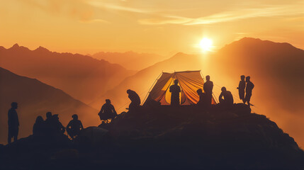 Wall Mural - A silhouette of group people have fun at the top of the mountain near the tent during the sunset.