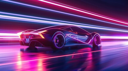 Wall Mural - Modern futuristic car in movement. Cars lights on the road at night time. Timelapse, hyperlapse of transportation. Motion blur, light trails, abstract soft glowing lines