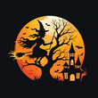 © efuture studio - Stylish Halloween vector t-shirt design white background, jack-o'-lantern, spooky haunted house, Halloween nigh, bats and a full moon vector art
