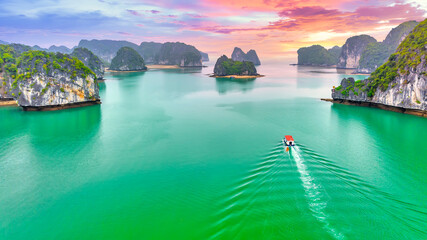 Beautiful landscape Lan Ha bay view from the Cat Ba Island. Lan Ha bay is the UNESCO World Heritage Site, it is a beautiful natural wonder in northern Vietnam