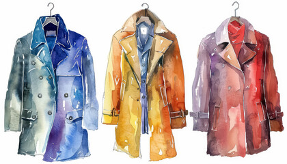 Wall Mural - Three jackets are hanging on a rack, with one being blue, one being yellow