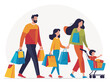 © Tanja Mikkelsen  - Illustration of a smiling family with parents and children enjoying shopping together, carrying colorful shopping bags, with a mother pushing a cart with a toddler.
