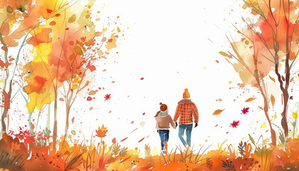 Wall Mural - A man and a woman are walking in a forest with leaves on the ground