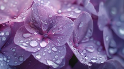 Poster - Water droplets clinging to the delicate petals of a lilac-colored hydrangea flower after a light rain.