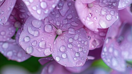 Poster - Water droplets clinging to the delicate petals of a lilac-colored hydrangea flower after a light rain.