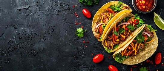 Wall Mural - Mexican Tacos with Meat and Vegetables on a Black Background from Above