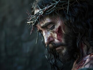 Wall Mural - anguished depiction of jesus wearing the crown of thorns head bowed in sorrow with hyperrealistic details and dramatic chiaroscuro lighting