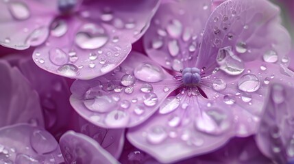 Poster - Water droplets clinging to the delicate petals of a lilac-colored hydrangea flower after a light rain.