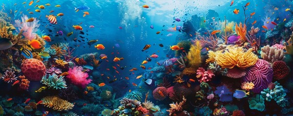 Wall Mural - A vibrant coral reef bustling with activity, with colorful fish darting among intricate coral formations.