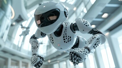 Poster - Futuristic White Professor Robot Floating in a Science Lab